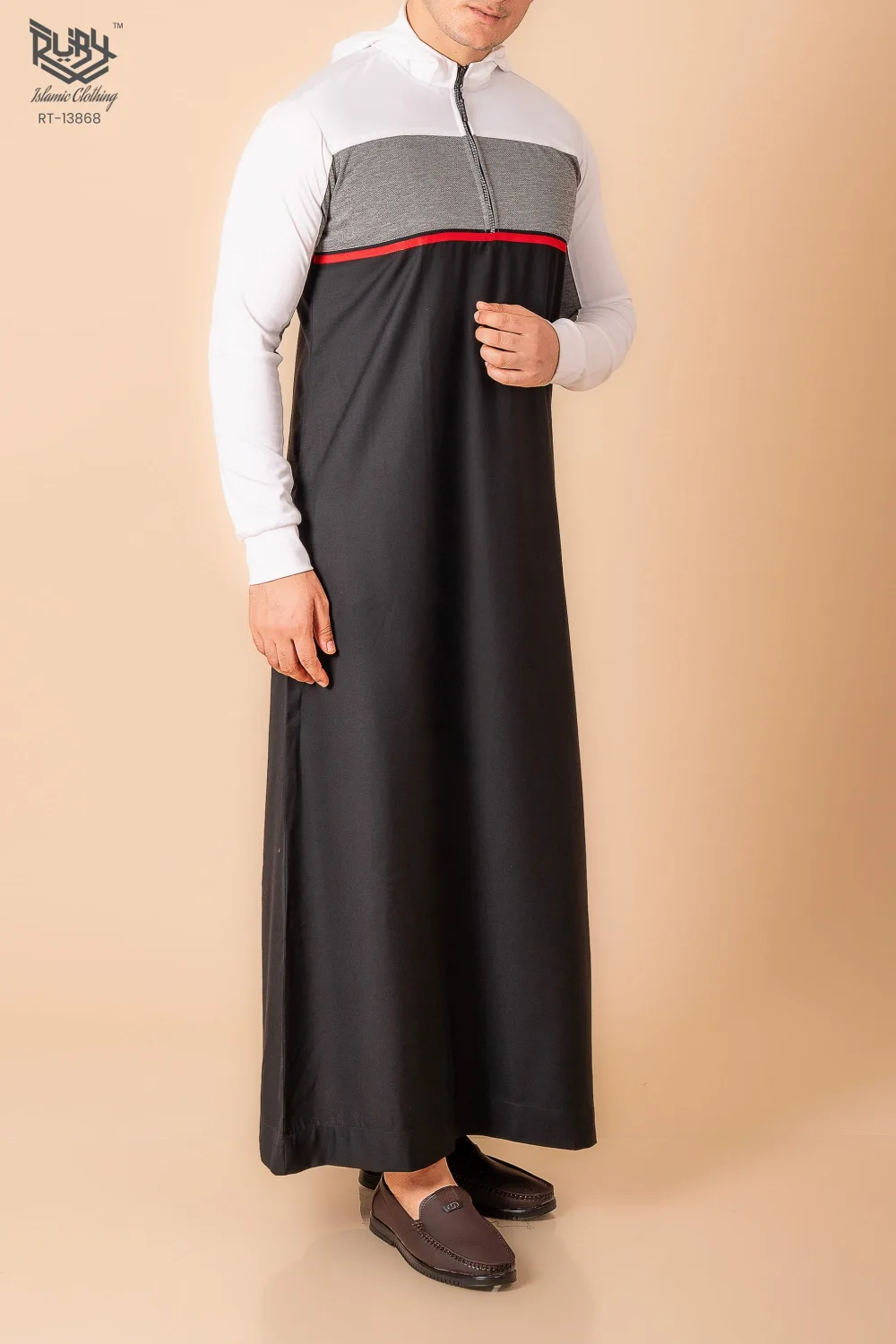 Men’s Black Hooded Thobe with White Sleeves & Red Stripe Panel