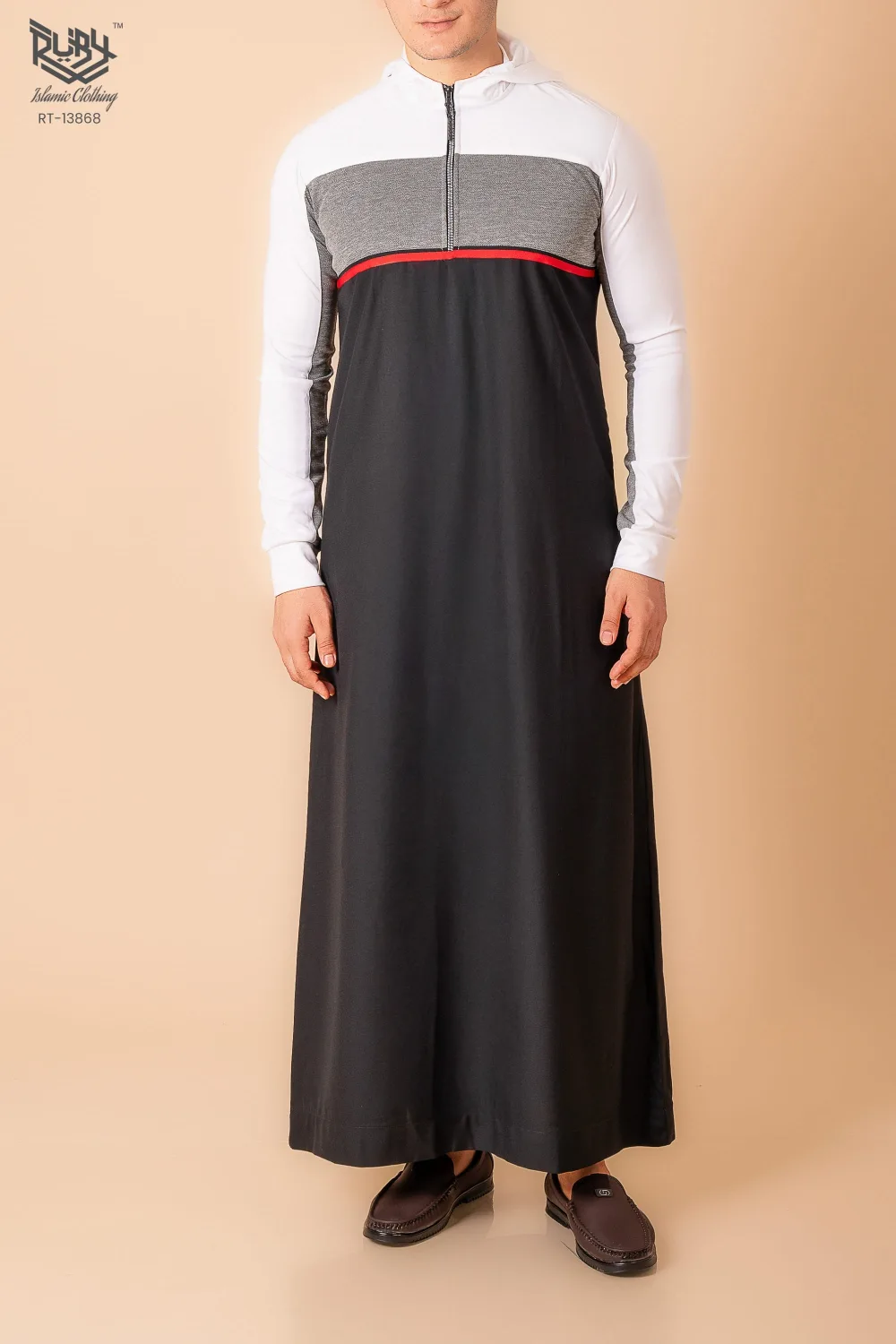 Men’s Black Hooded Thobe with White Sleeves & Red Stripe Panel