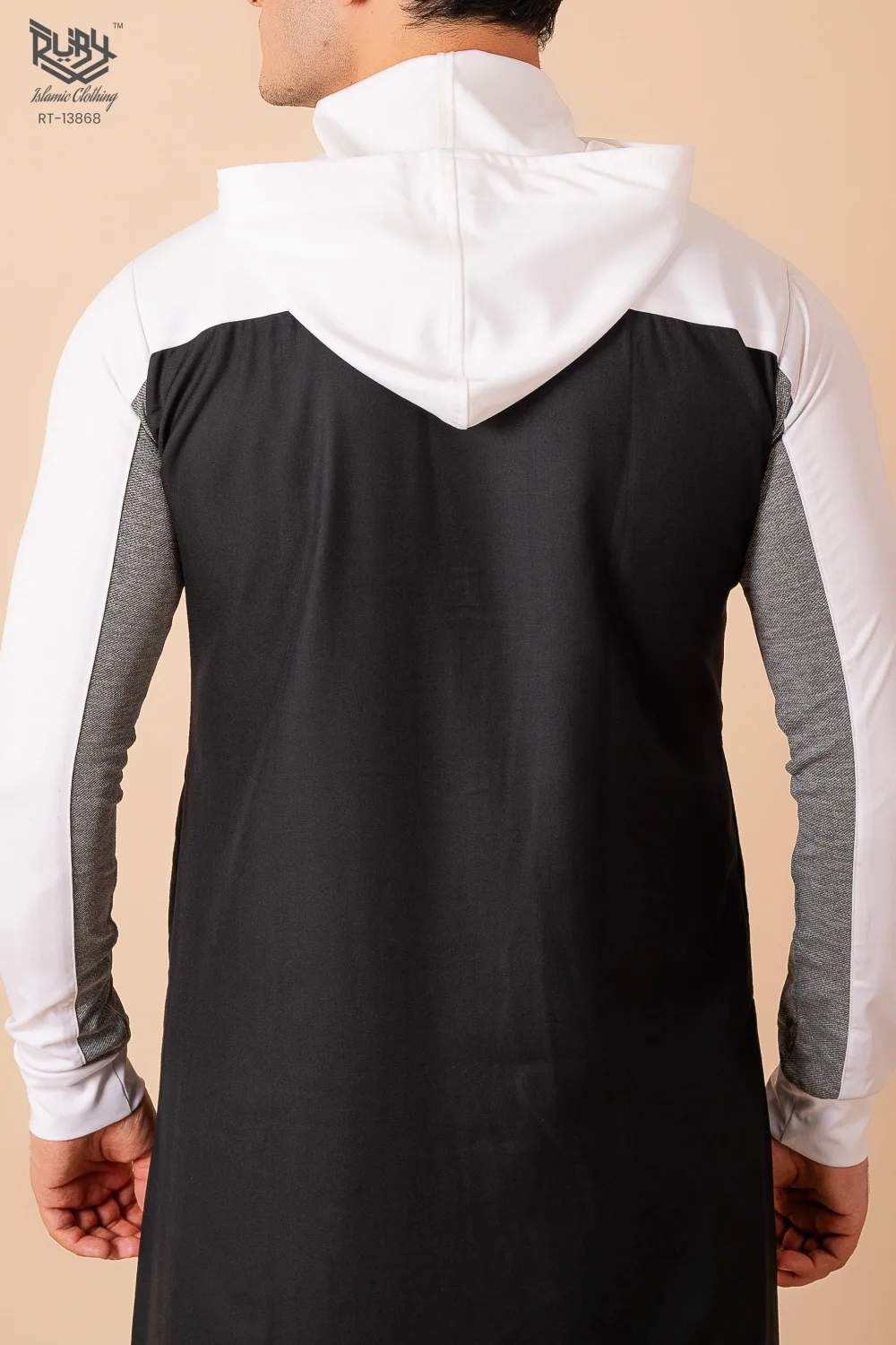 Men’s Black Hooded Thobe with White Sleeves & Red Stripe Panel