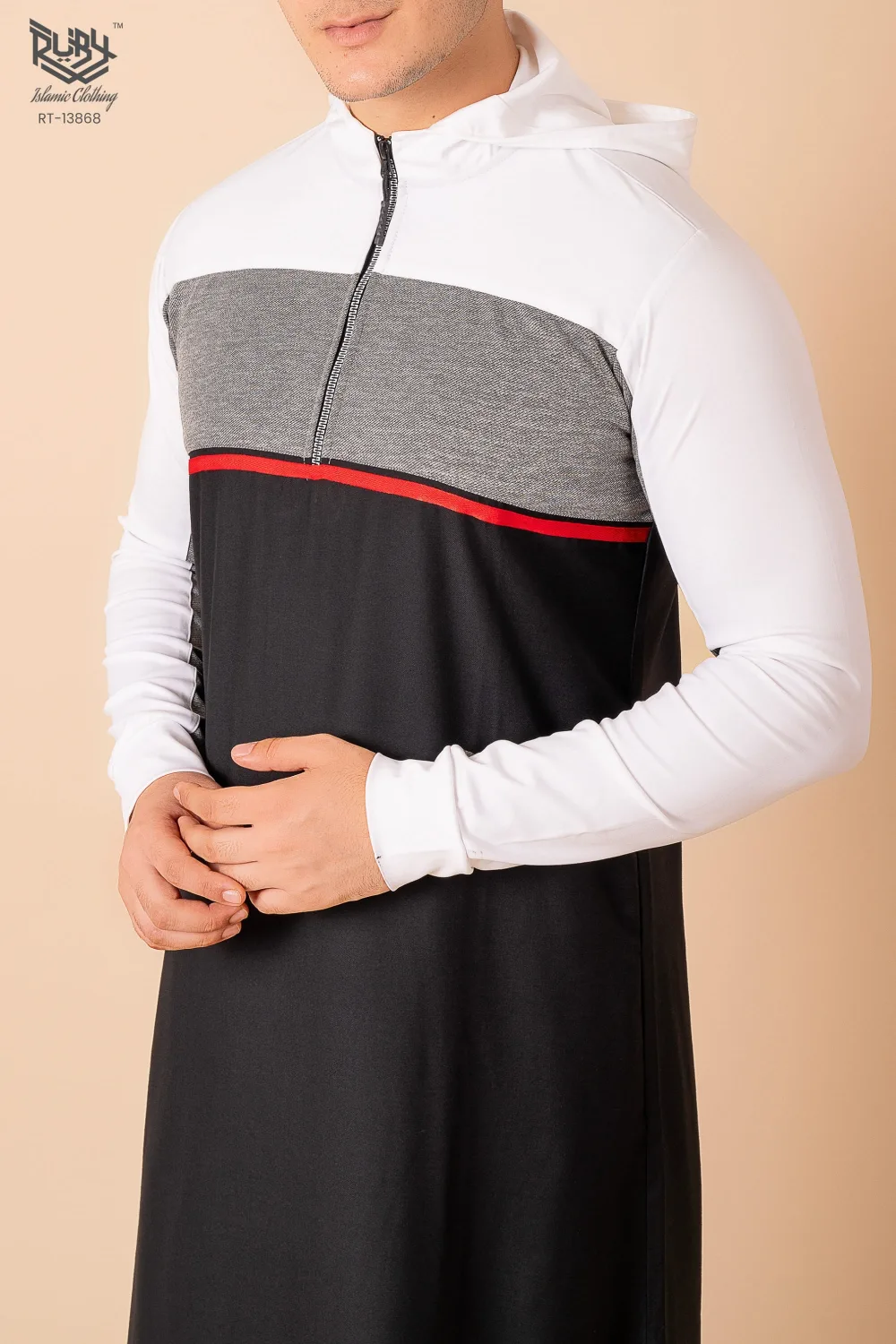 Men’s Black Hooded Thobe with White Sleeves & Red Stripe Panel