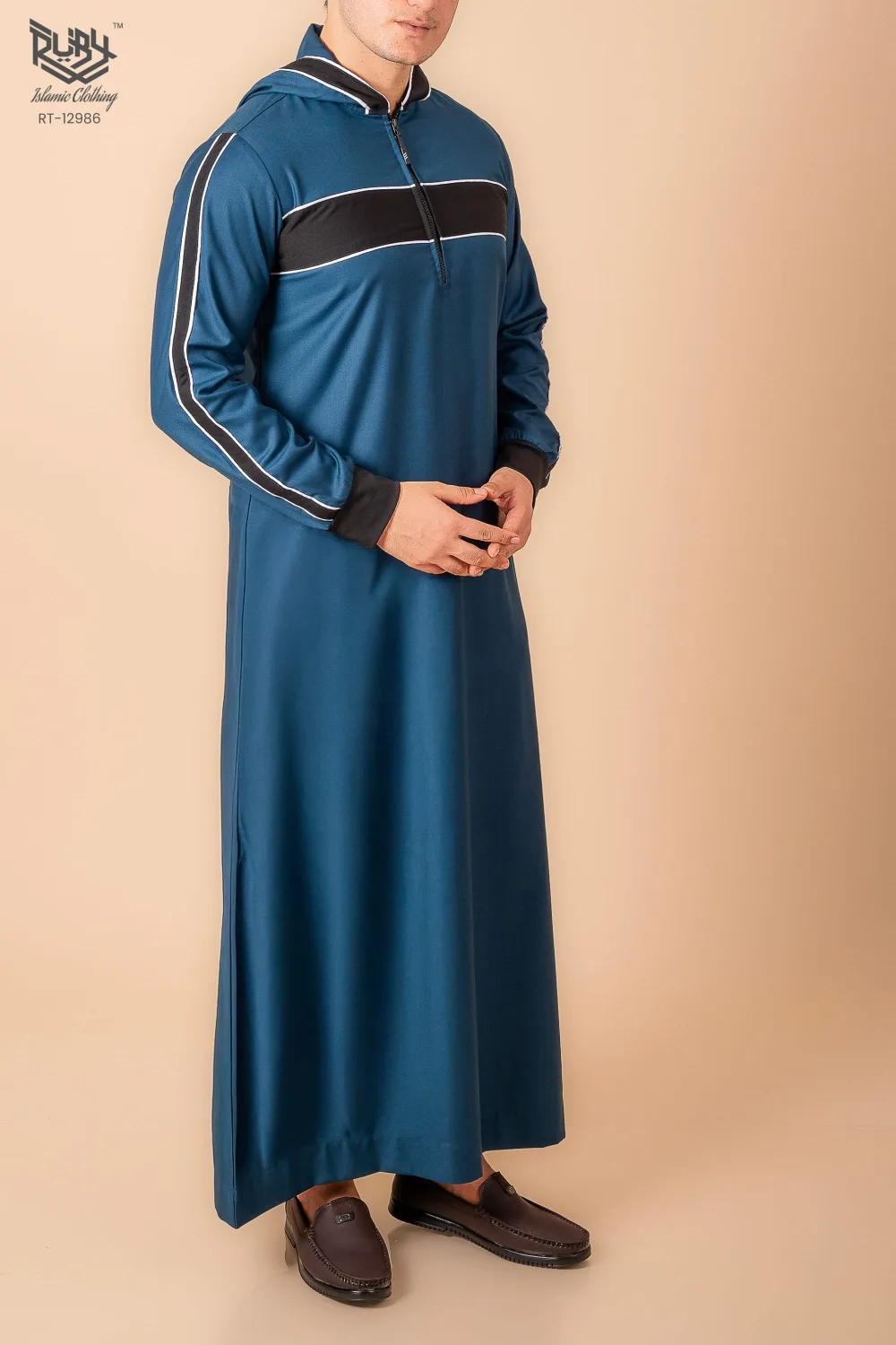 Men’s Teal Blue Hooded Thobe with Black Panel & White Stripe Accents