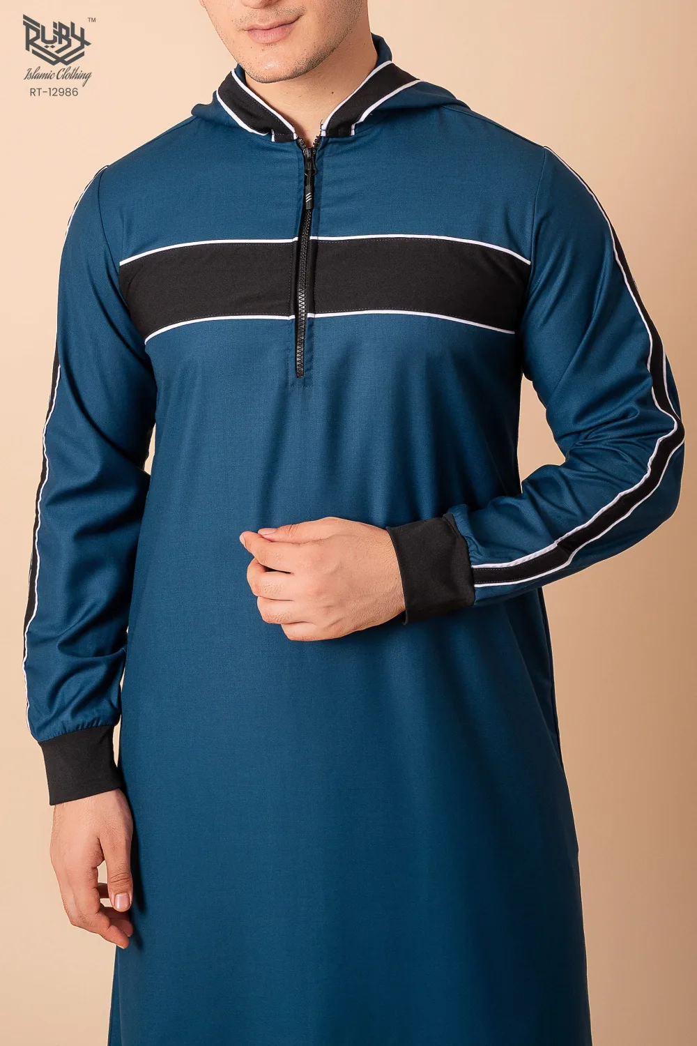 Men’s Teal Blue Hooded Thobe with Black Panel & White Stripe Accents