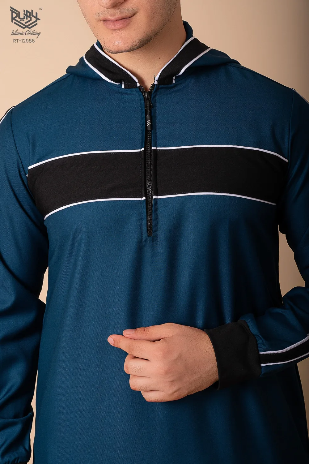 Men’s Teal Blue Hooded Thobe with Black Panel & White Stripe Accents