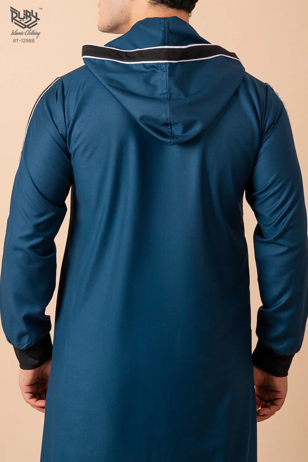 Men’s Teal Blue Hooded Thobe with Black Panel & White Stripe Accents