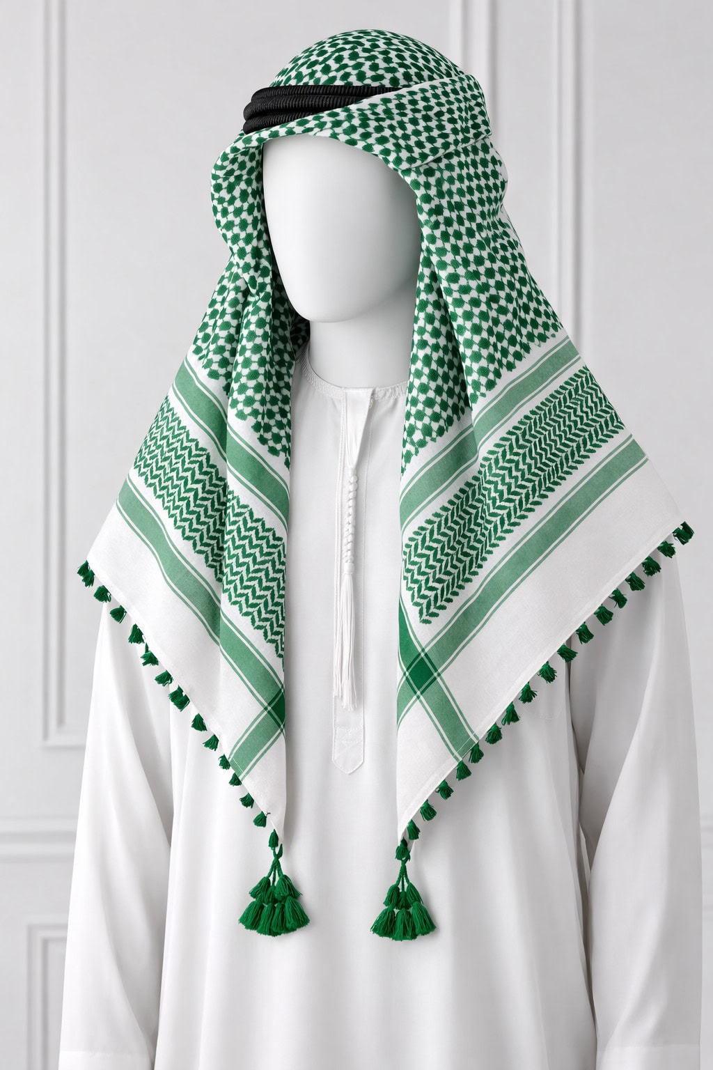 Premium Green & White Traditional Shemagh Scarf with Tassel Fringe